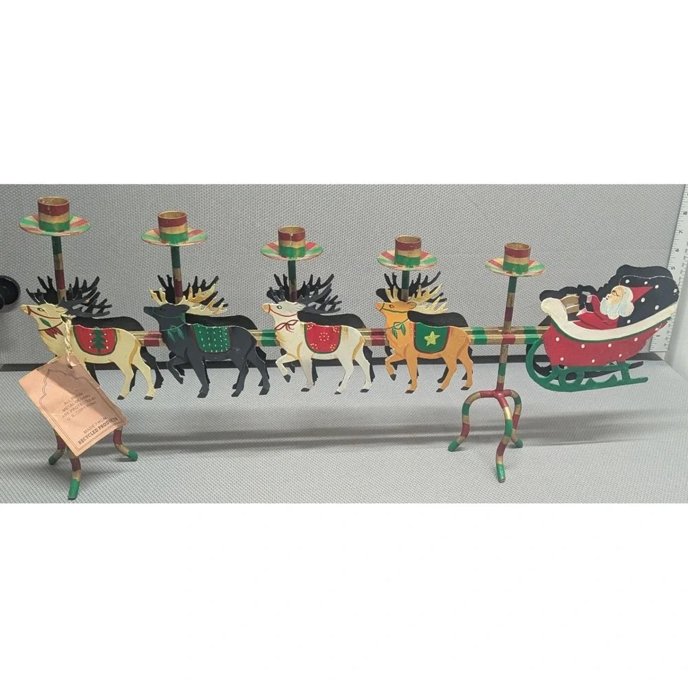 VTG Santa Sleigh Reindeer Metal Candle Stand Christmas Decor Husna Imports 5084